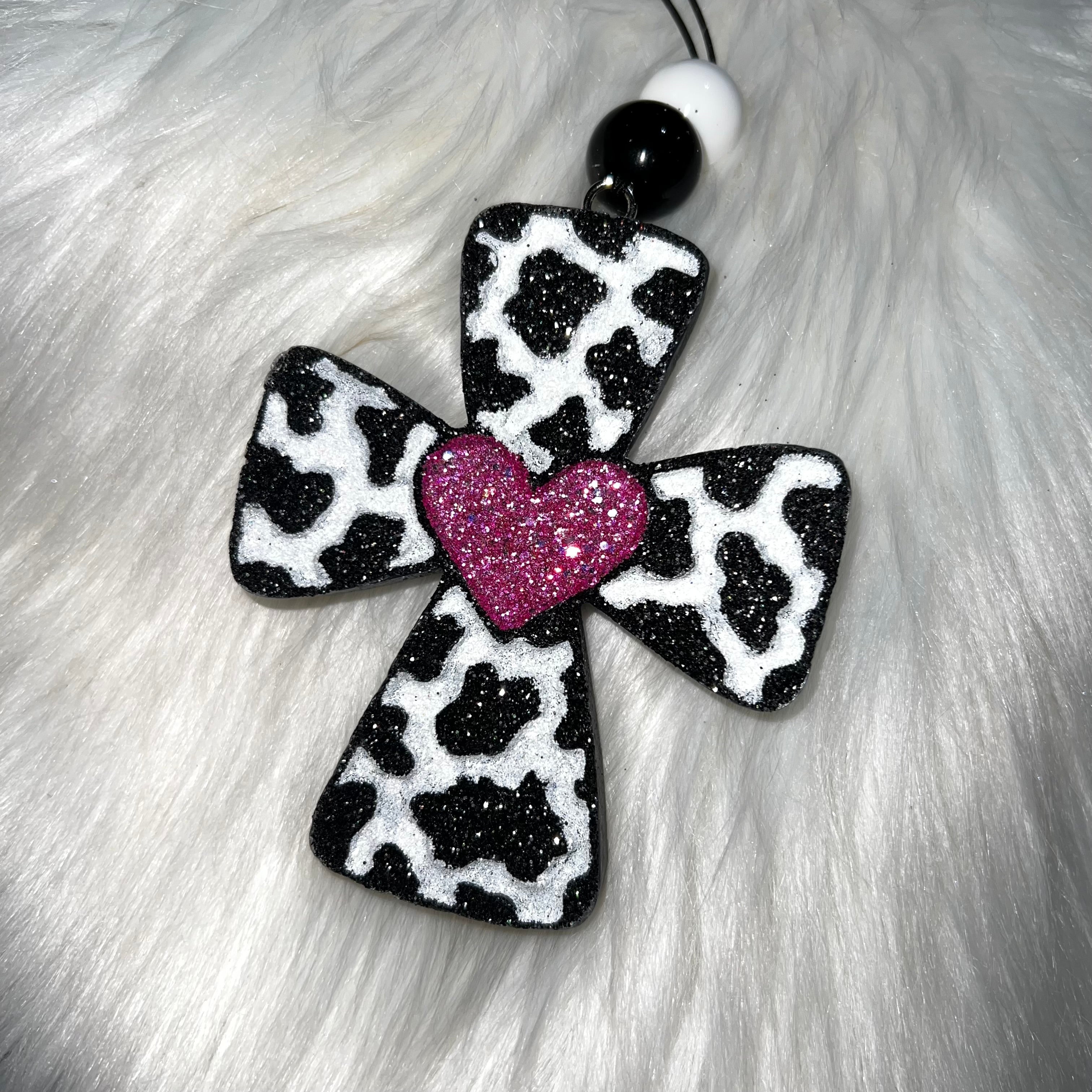 Cow Print Cross with Heart