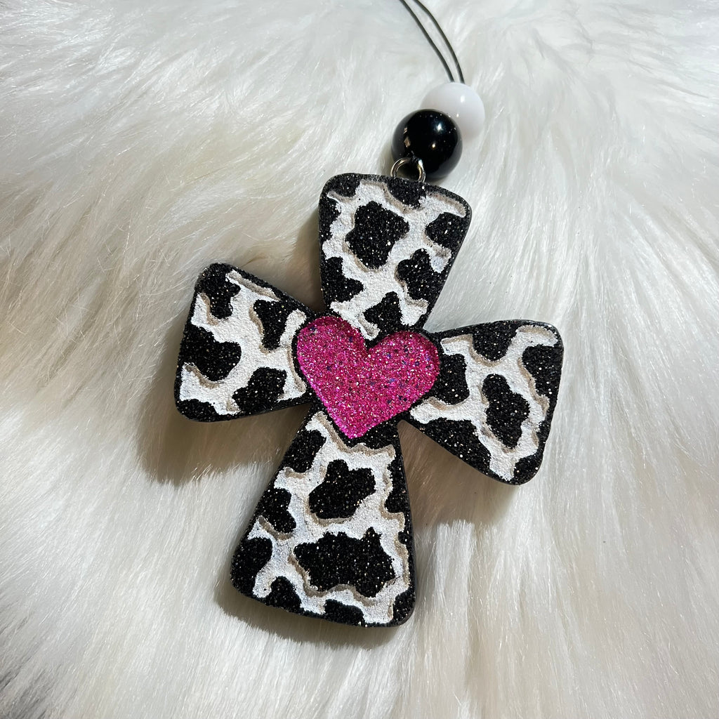 Cow Print Cross with Heart